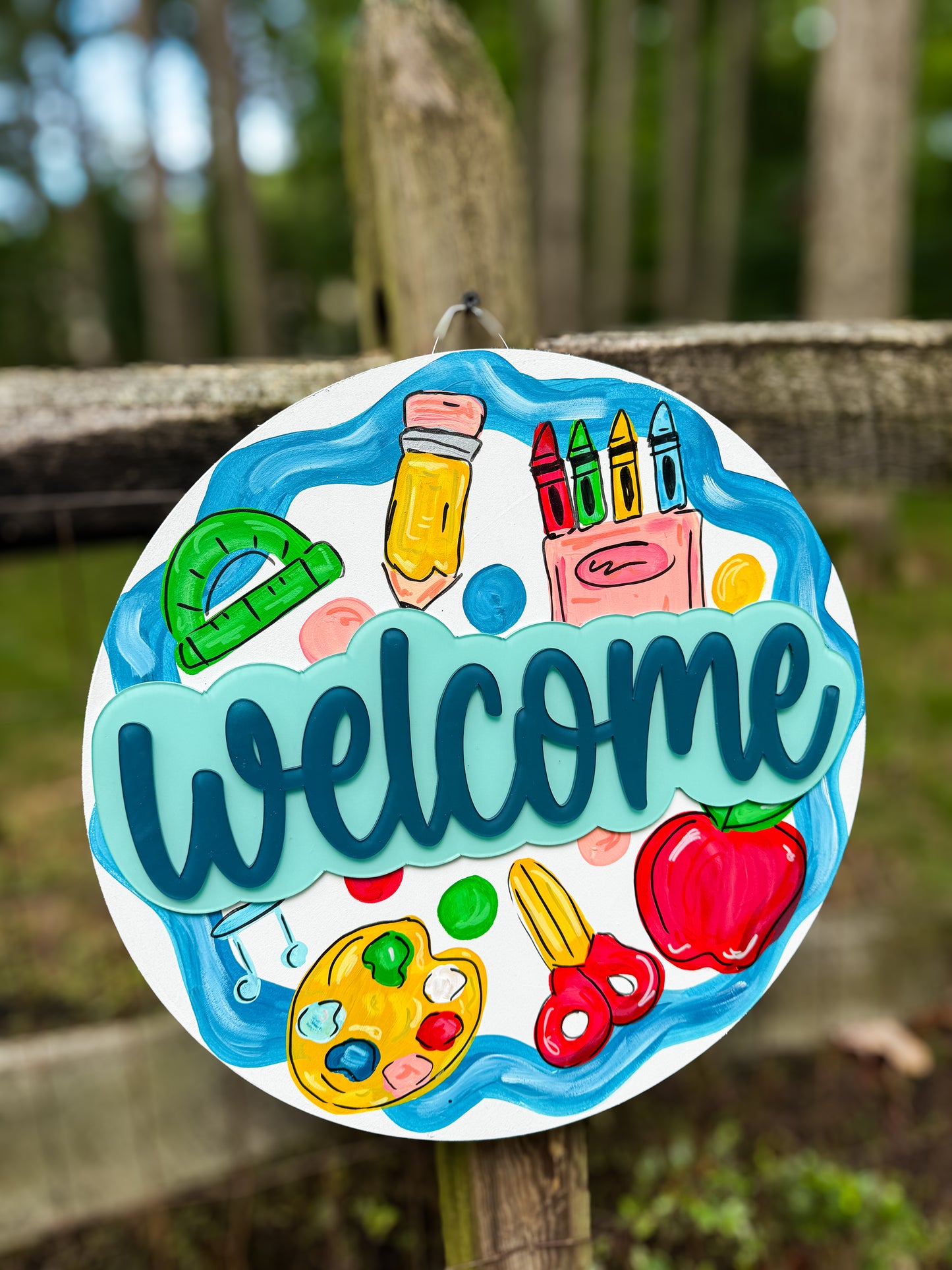 18" School Door Hanger | Hand Painted with Acrylic Pop Pieces |
