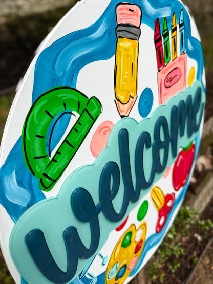 18" School Door Hanger | Hand Painted with Acrylic Pop Pieces |