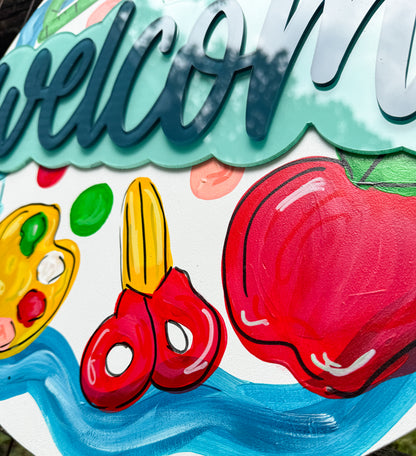 18" School Door Hanger | Hand Painted with Acrylic Pop Pieces |