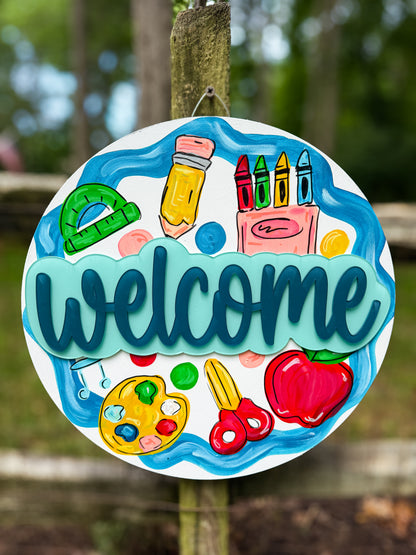 18" School Door Hanger | Hand Painted with Acrylic Pop Pieces |