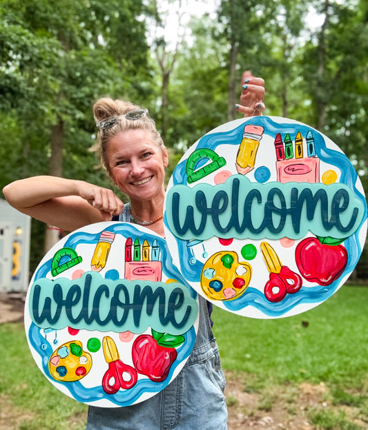 18" School Door Hanger | Hand Painted with Acrylic Pop Pieces |